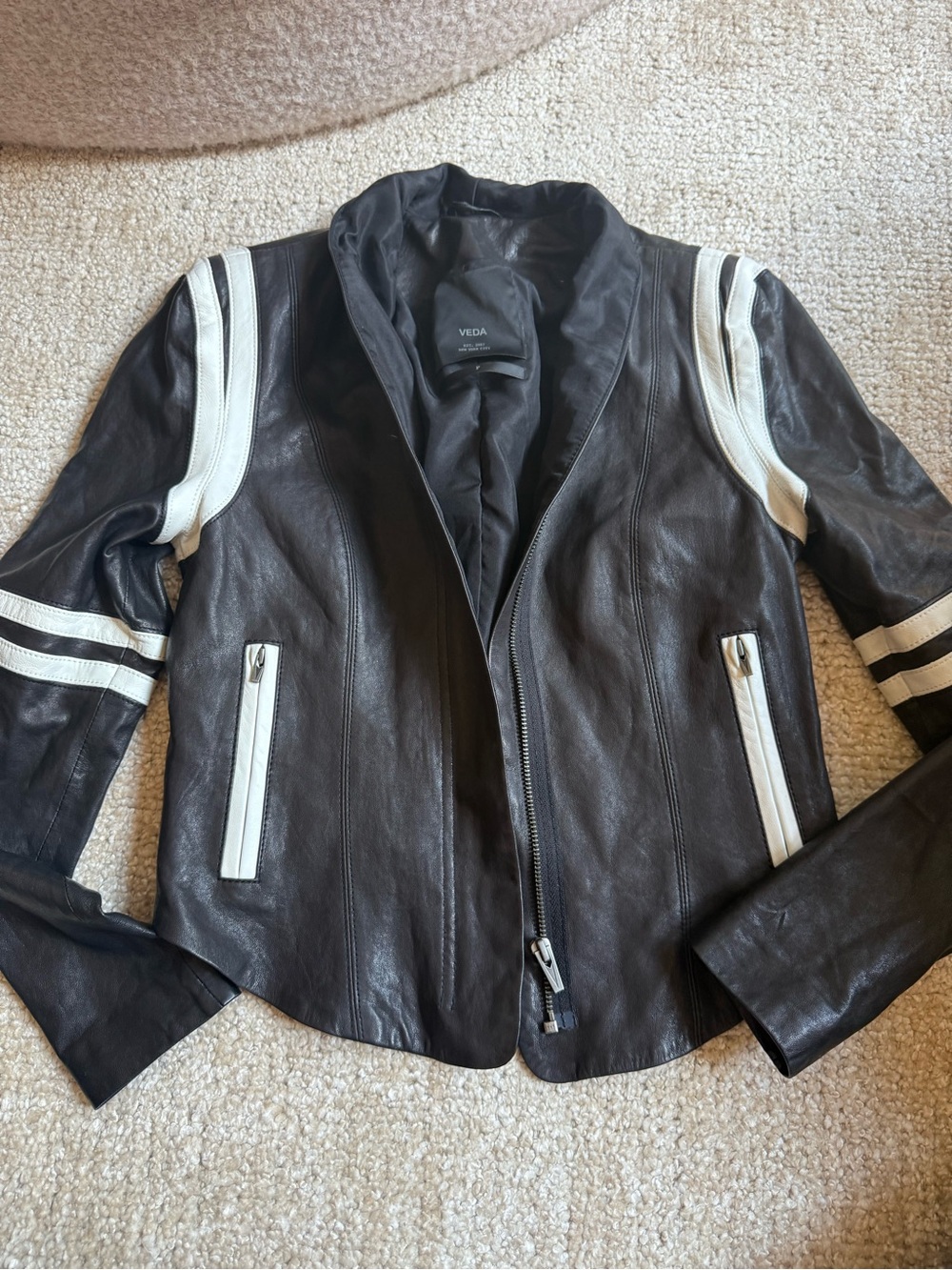 Veda Black Leather Jacket with White Racing Stripes